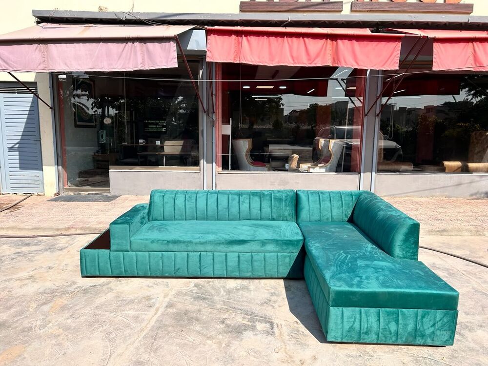 Teal modular sofa in sections
