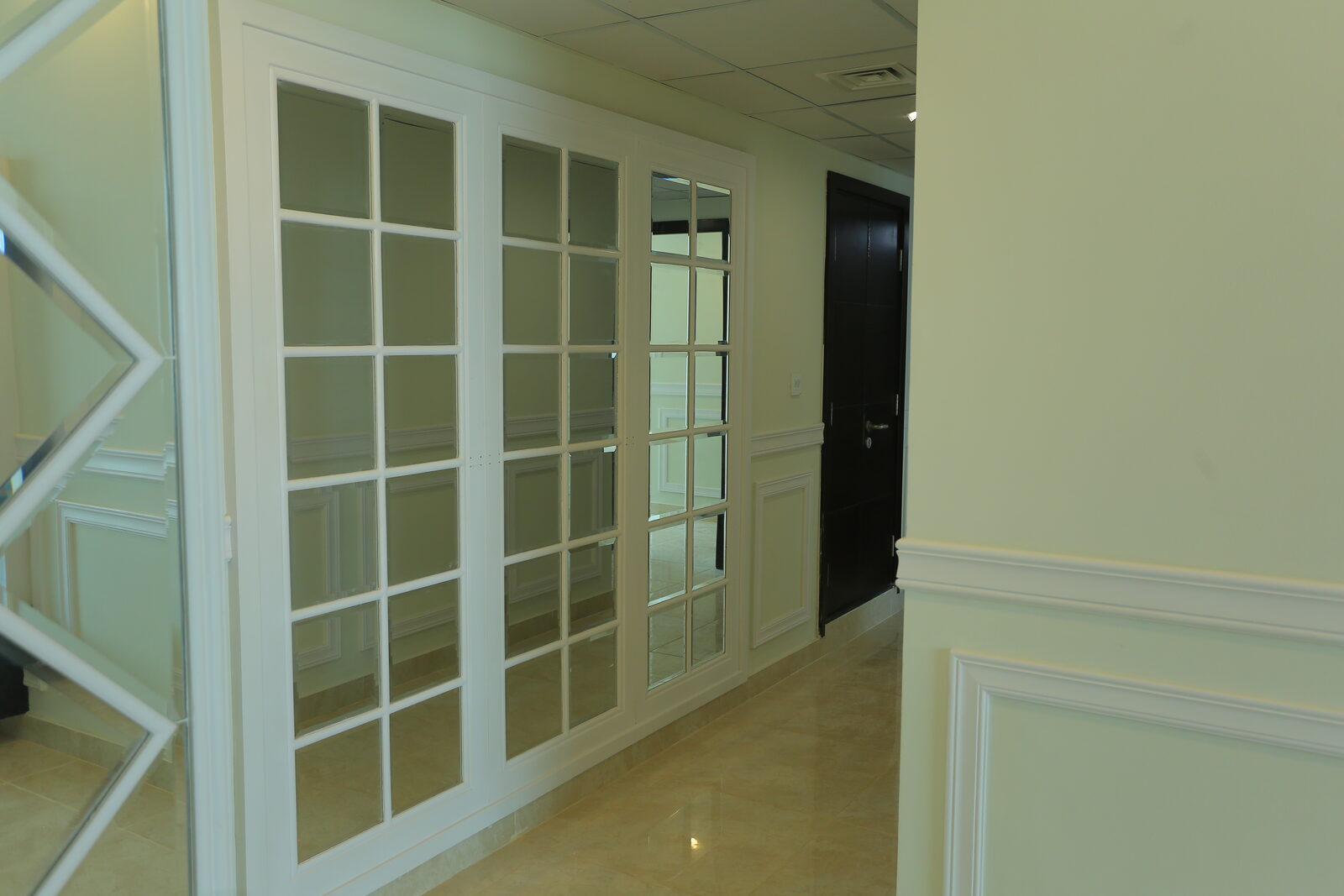 Glazed internal doors with painted timber glazing bars beside panelled walls