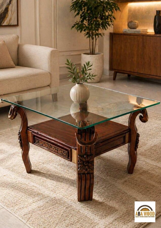 Carved Base Glass Top Table